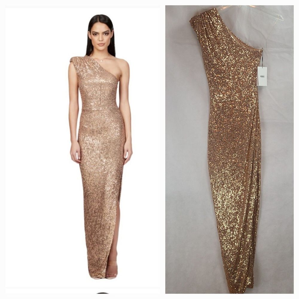 Nookie Veda Gown Women's (S) Gold Carmel Sequin Embellished One Shoulder--$369